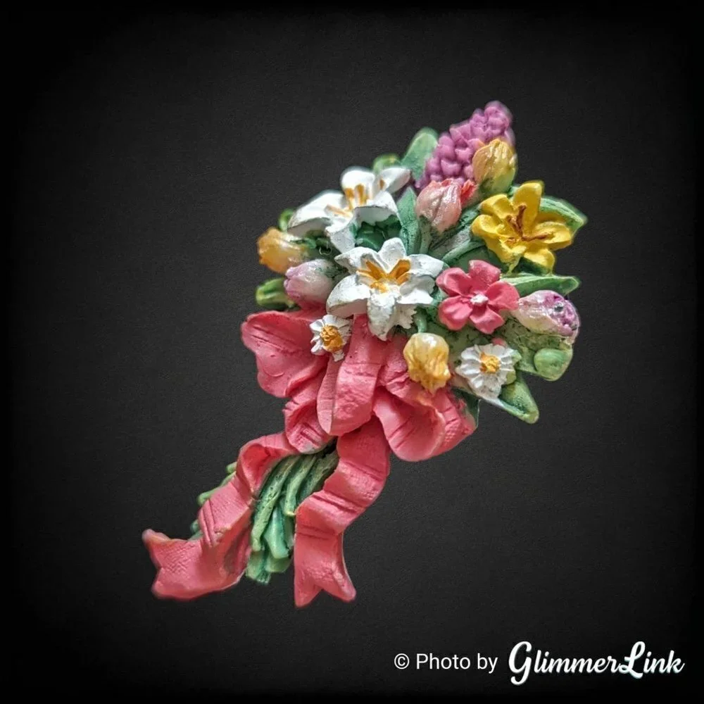 Vintage Multicolor Resin Bouquet Lilies, Tulips & Hyacinth Floral Pin